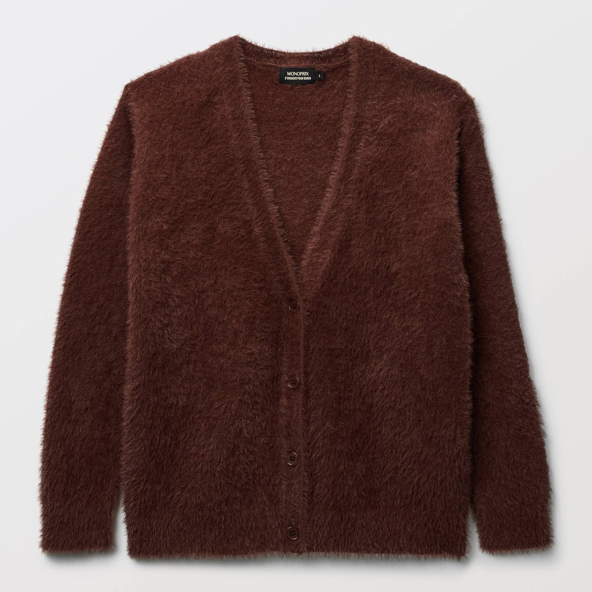 Cardigan uni en laine et polyamide bison, MONOPRIX