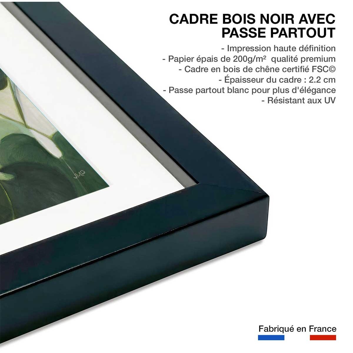 Poster Aquarelle tropicale affiche + cadre en bois - noir, HEXOA