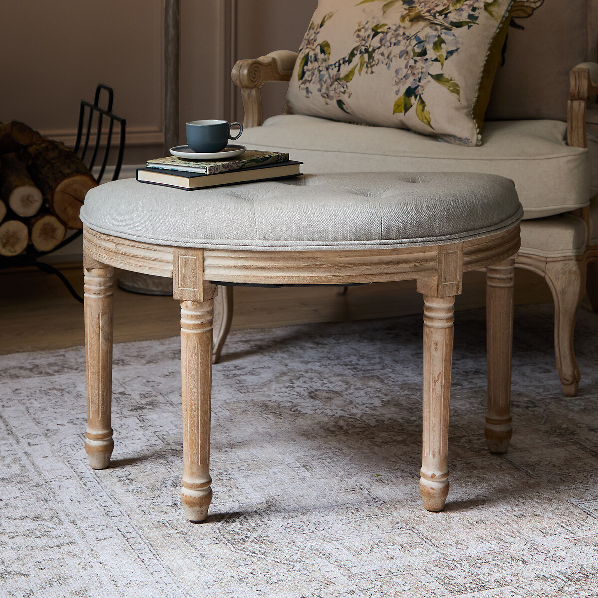 Claudette French-Vintage Linen Curved Footstool linen, VOYAGE MAISON