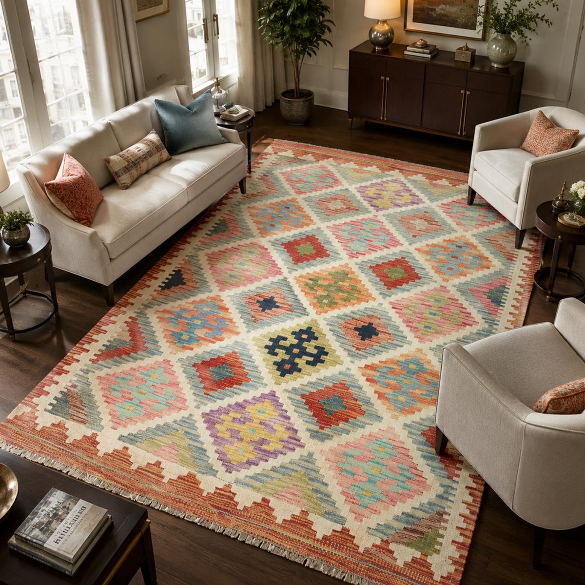 Tapis kilim au motif géométrique, tissage plat, KILIM 44 multicolore, bleu, rouge, UN AMOUR DE TAPIS