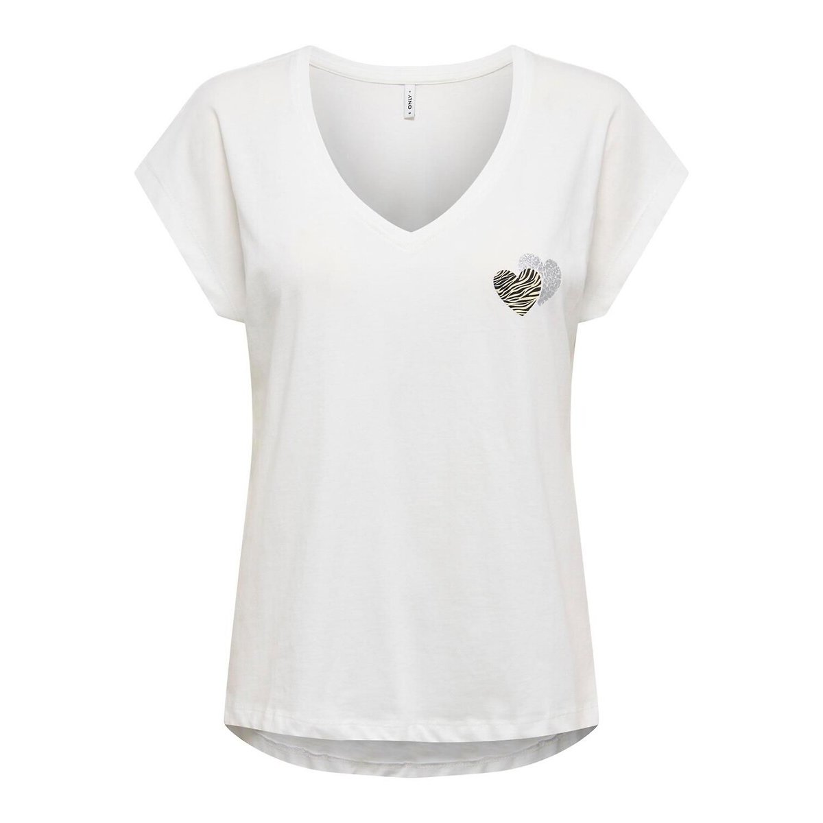 T-shirt con scollo a V e cuore sul petto bianco, ONLY
