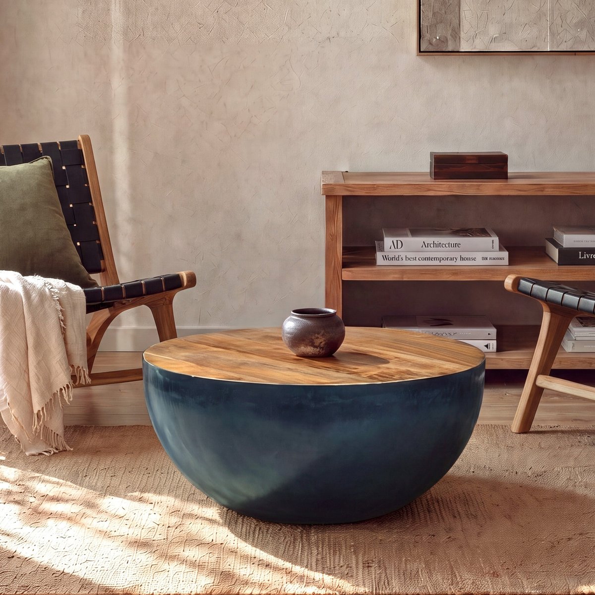 Table basse ronde en bois massif et métal D70 cm - TAJY bois foncé et noir, MAISON PAVANE
