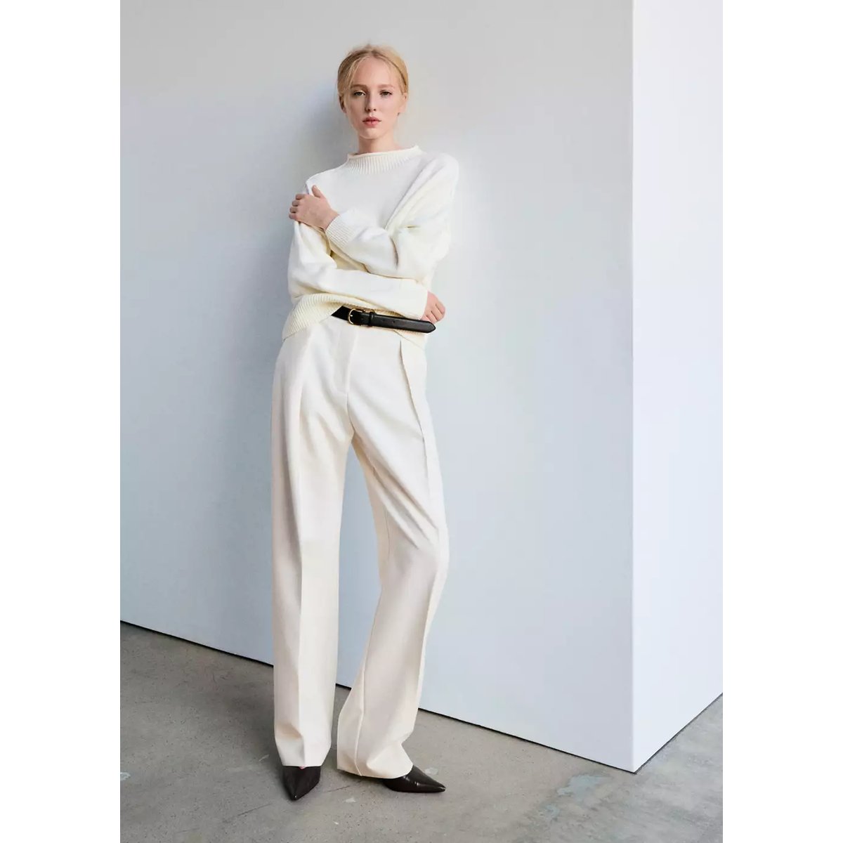 Pantalon droit pinces blanc cassé, MANGO