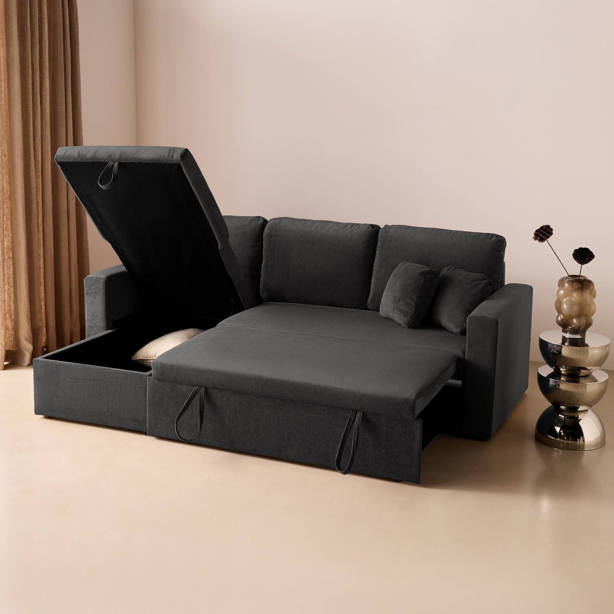Canapé d'angle convertible réversible velours côtelé IDA gris foncé, SWEEEK