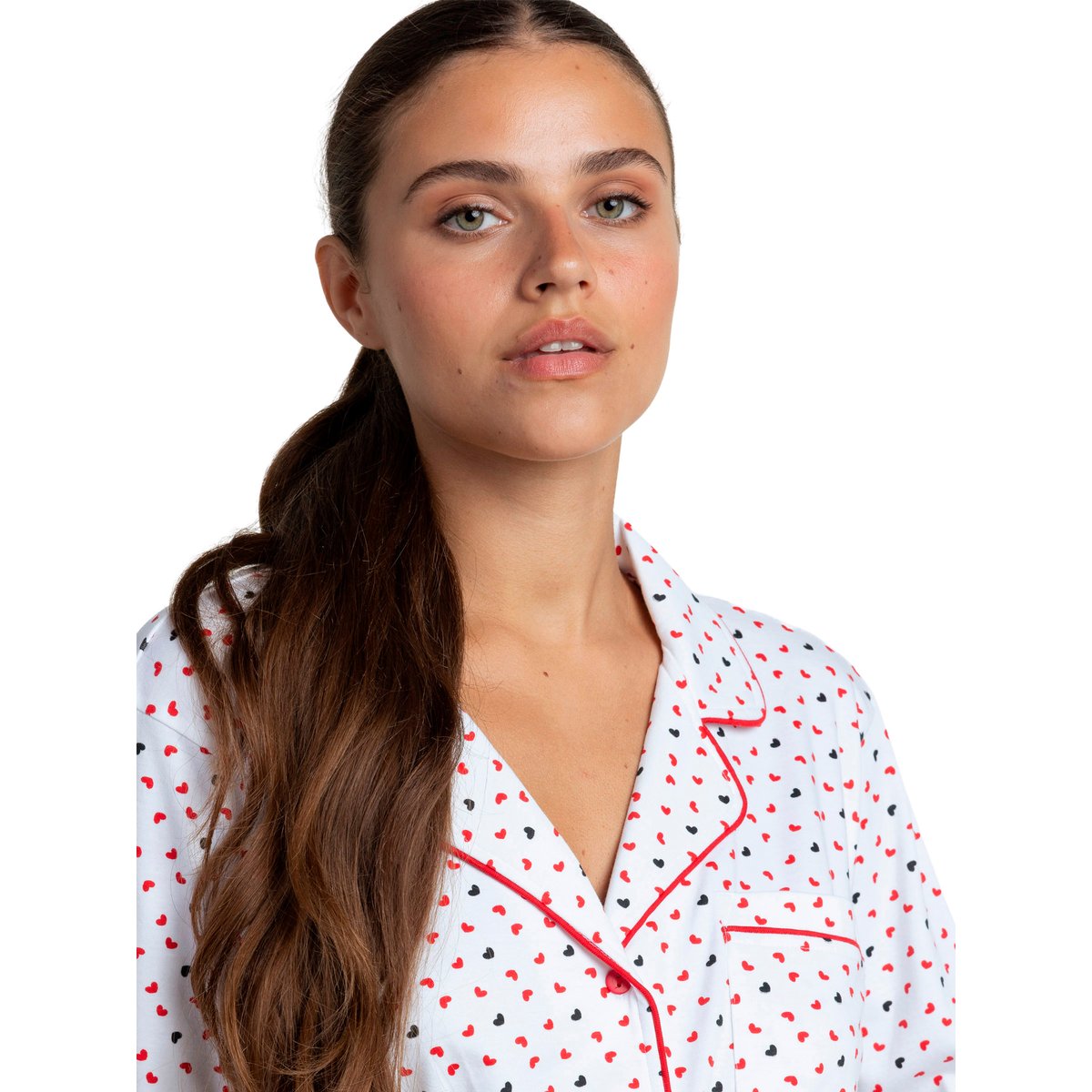 Pyjama pantalon chemise manches longues Love Hearts rouge, ADMAS