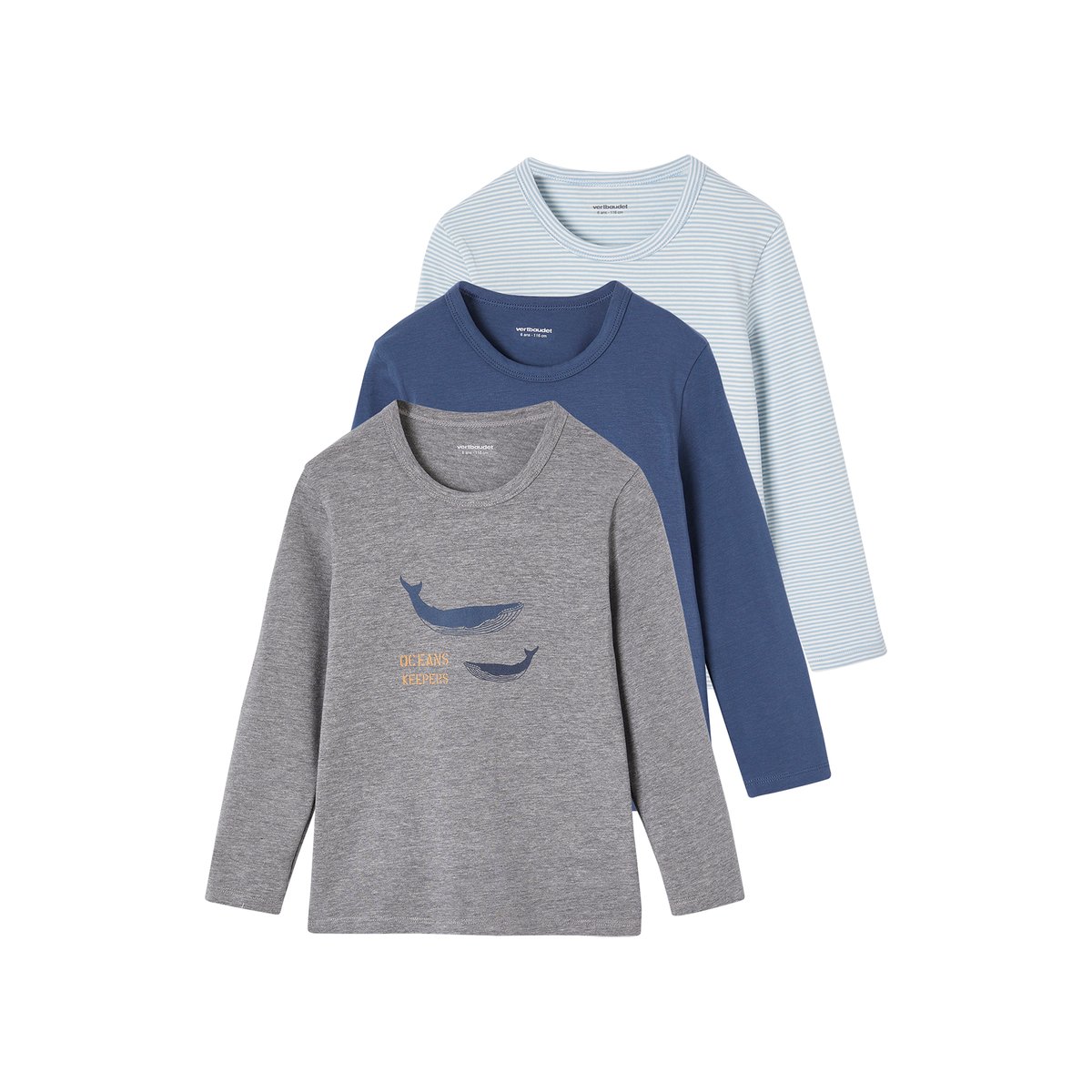 lot de 3 tee-shirts "Baleine" manches longues bleu ciel, VERTBAUDET