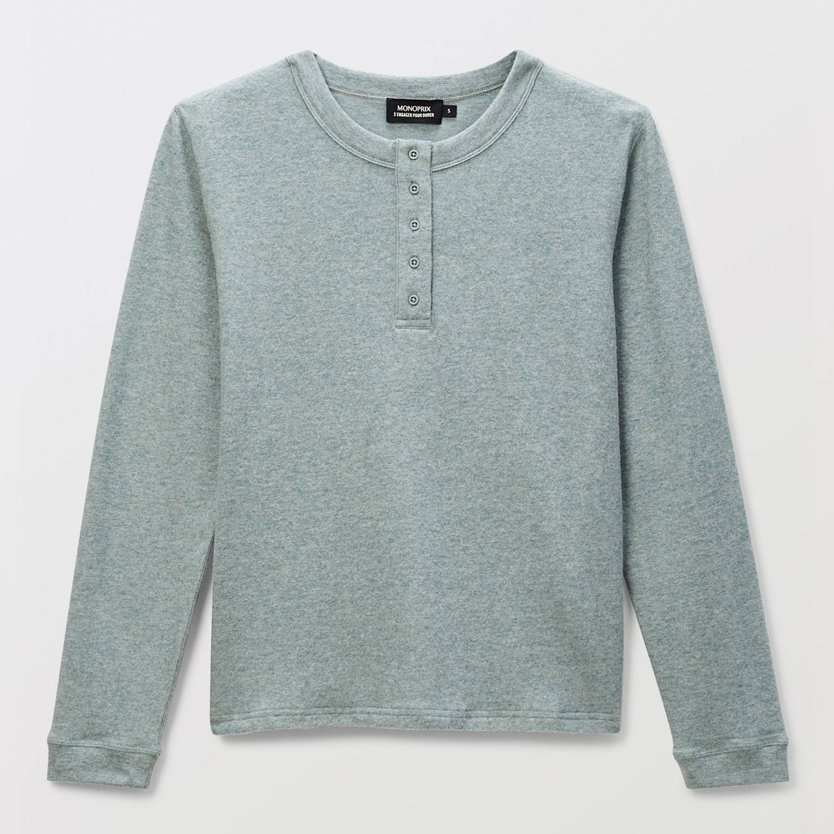 T-shirt boutonné en coton et modal côtelé sage, MONOPRIX