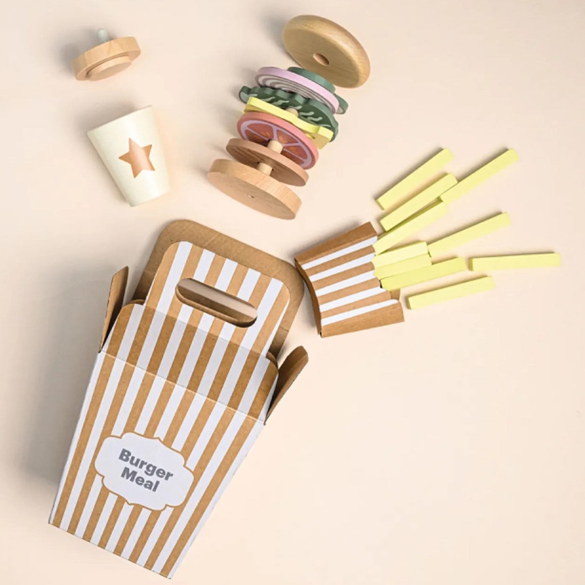 Jouet en bois dinette menu burger beige, JABADABADO