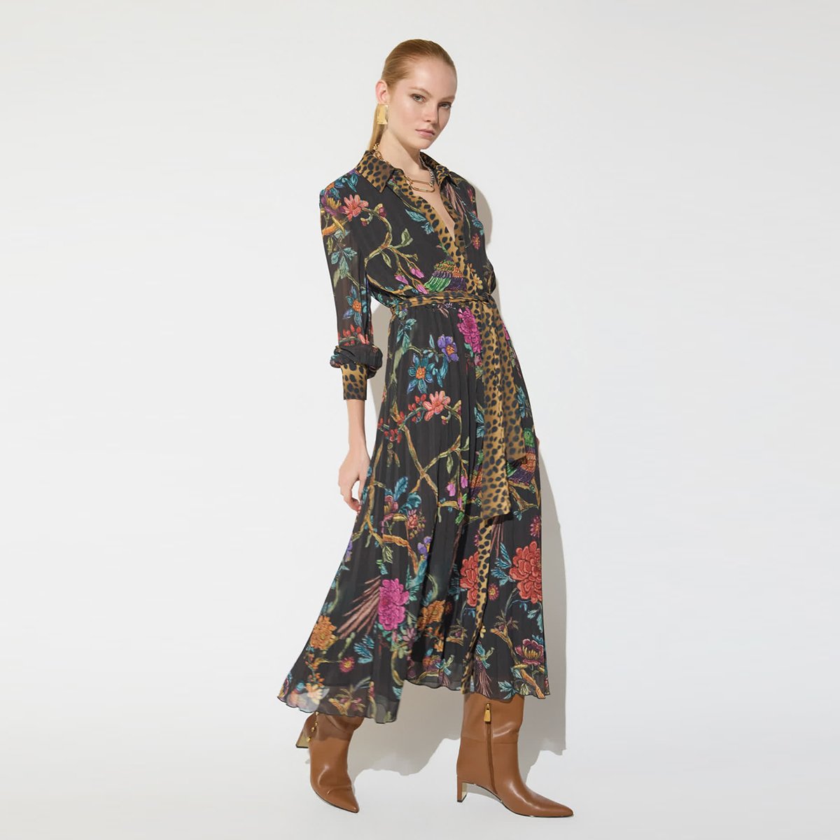 Robe midi plissée imprimée floral léopard marron foncé, LOLA CASADEMUNT