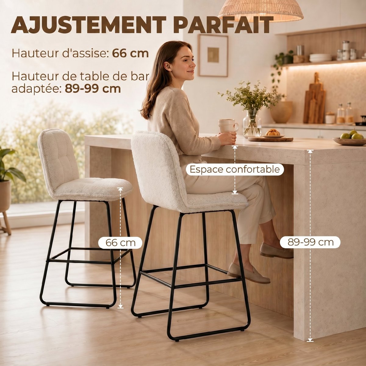 Tabouret de bar Tissu bouclette (100% crème, HOMCOM