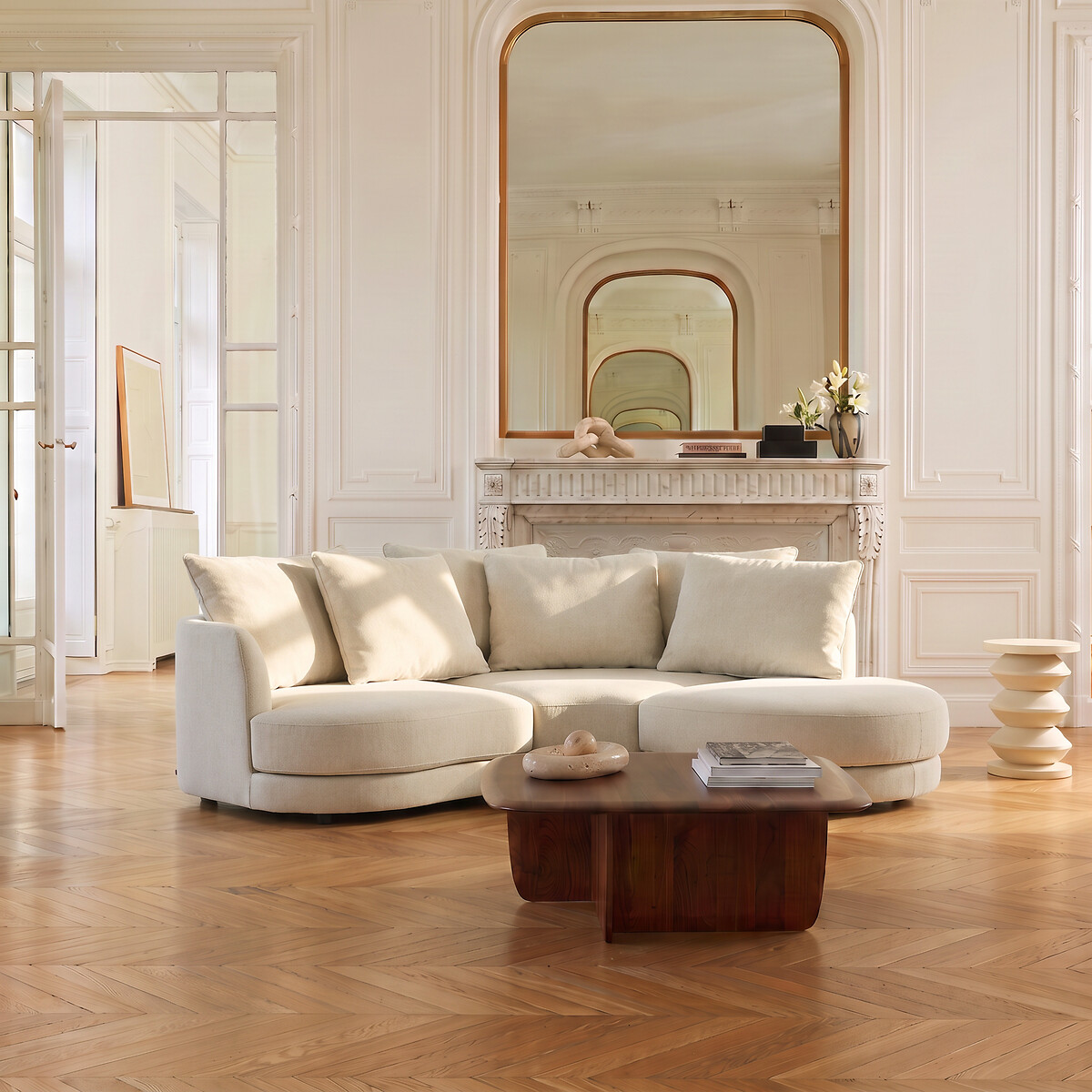 Demi-canapé droit, arrondi, modulable en toile chinée, TIBERIO ivoire, AM.PM