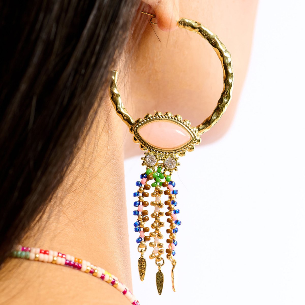 Boucles d'oreilles créoles avec pampilles et perles PEPPER rose, HIPANEMA