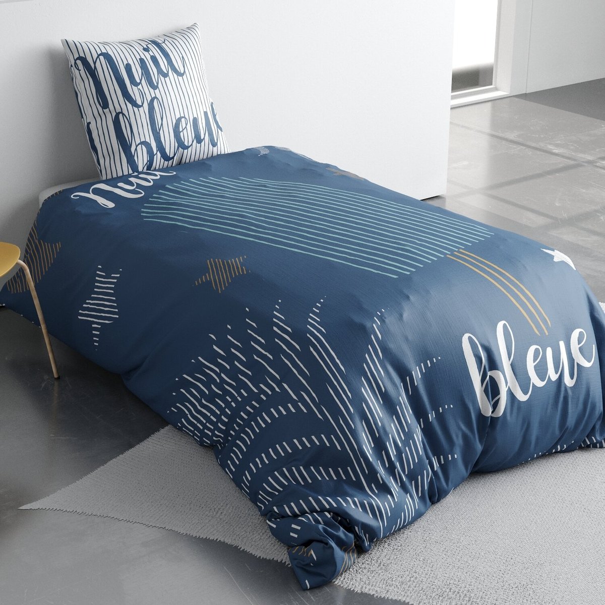 Parure de lit enfant coton, NUIT BLEUE bleu, C DESIGN HOME TEXTILE