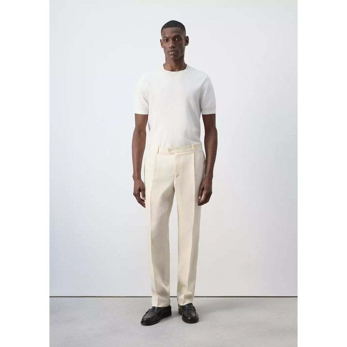 Pantalon regular fit en mélange de lyocell et lin ivoire, MANGO MAN