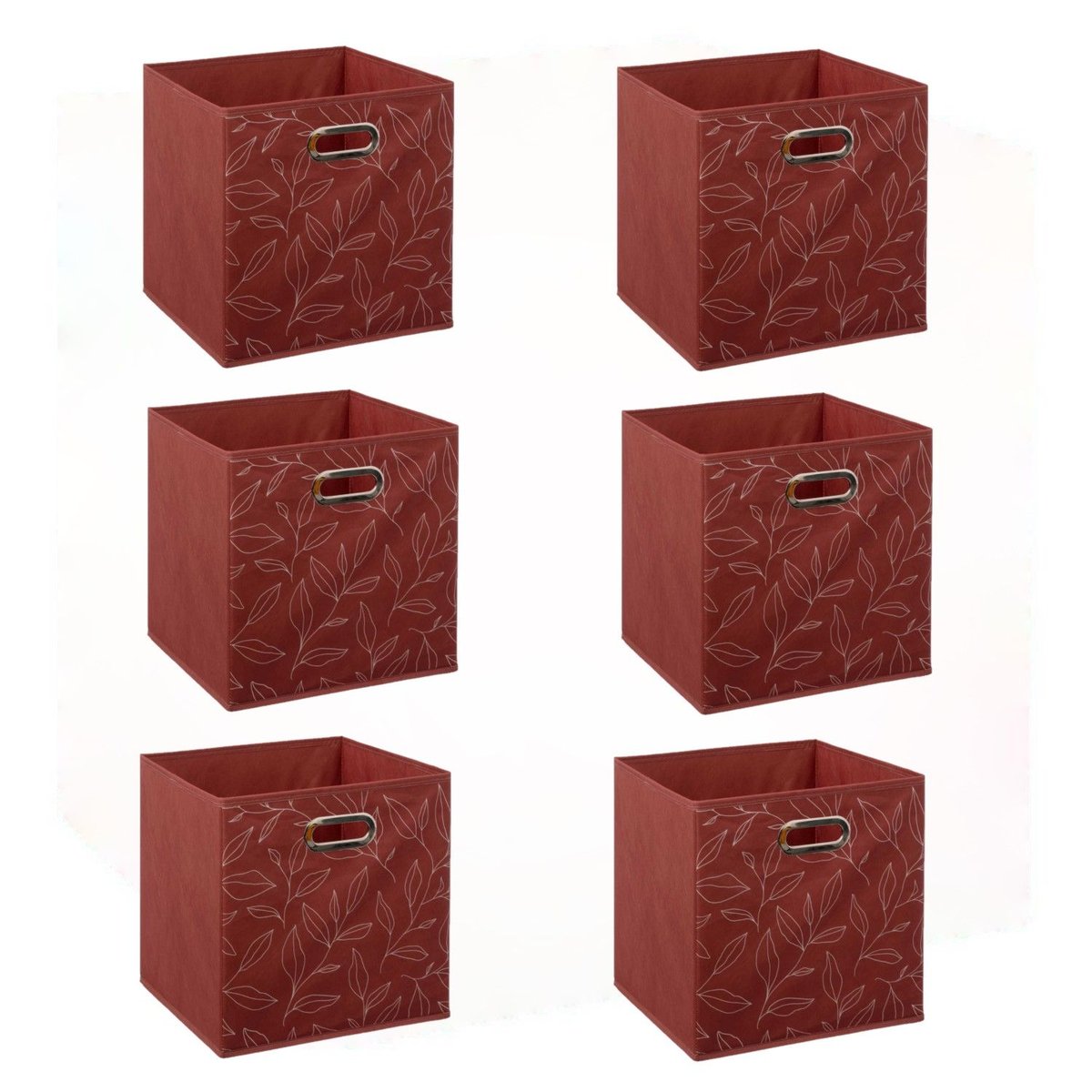 Lot de 6 boites de rangement cube en tissu à motif feuillage MIX'N MODUL rouge, TOILINUX
