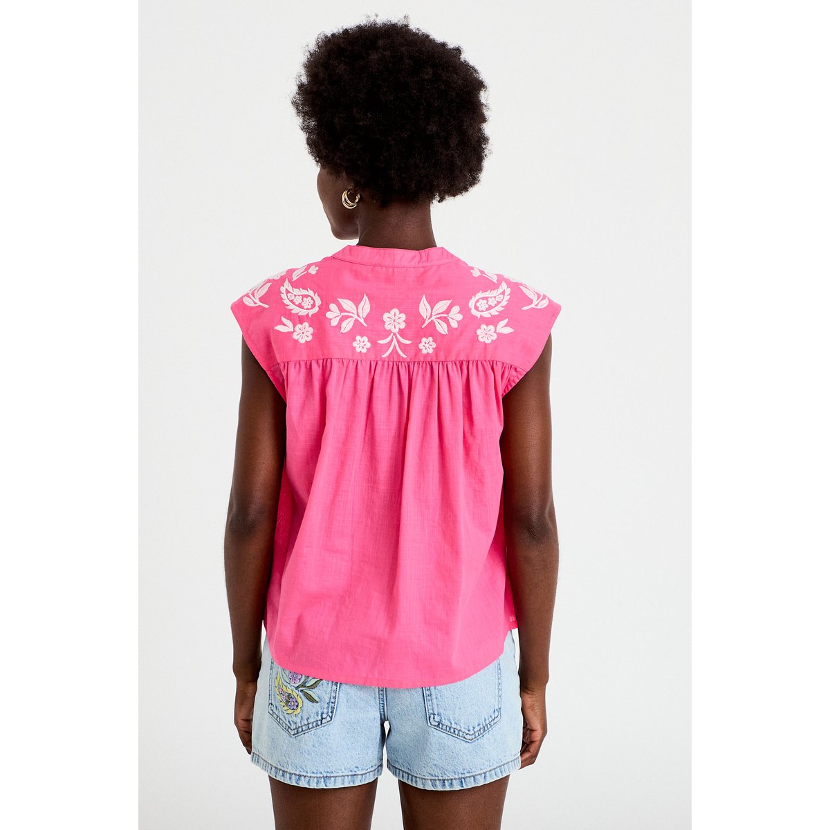 Blouse droite sans manches col v rose fushia, CACHE CACHE