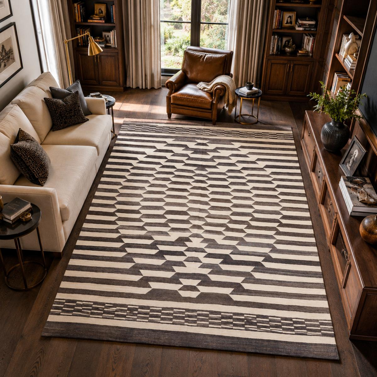 Tapis kilim géométrique, tissé plat en laine, KELIM KU 2 crème, marron, UN AMOUR DE TAPIS