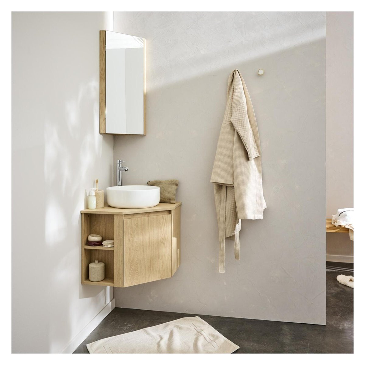 Meuble sous vasque d'angle avec vasque, robinet et armoire SORRENTO décor chêne, MOB IN