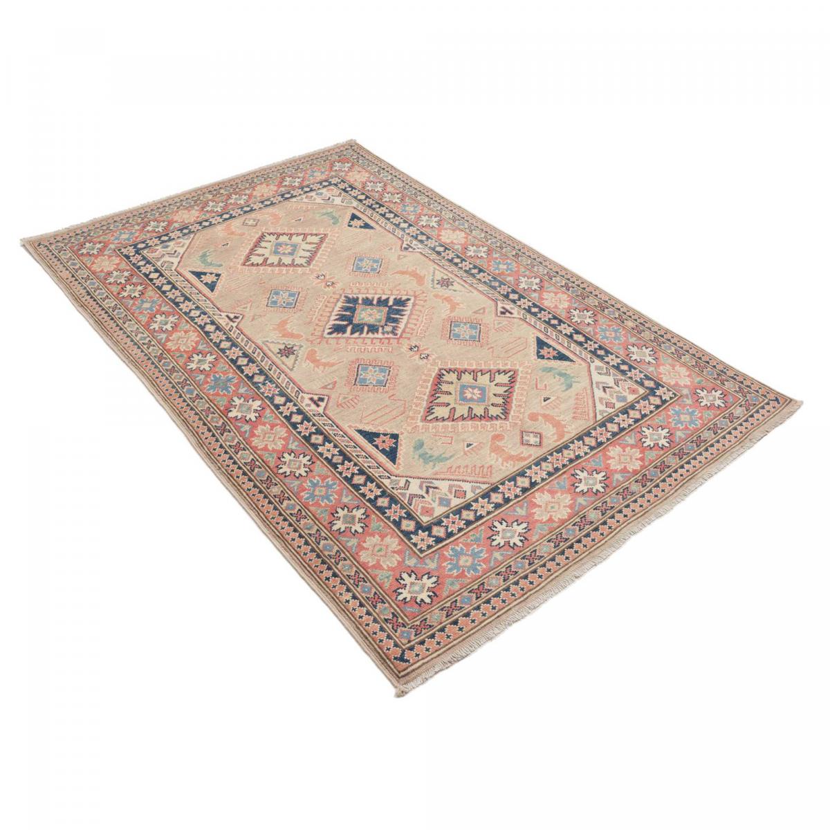 Tapis d'orient géométrique, noué main en laine, KAZAK CO 52 beige, bleu, rose, UN AMOUR DE TAPIS