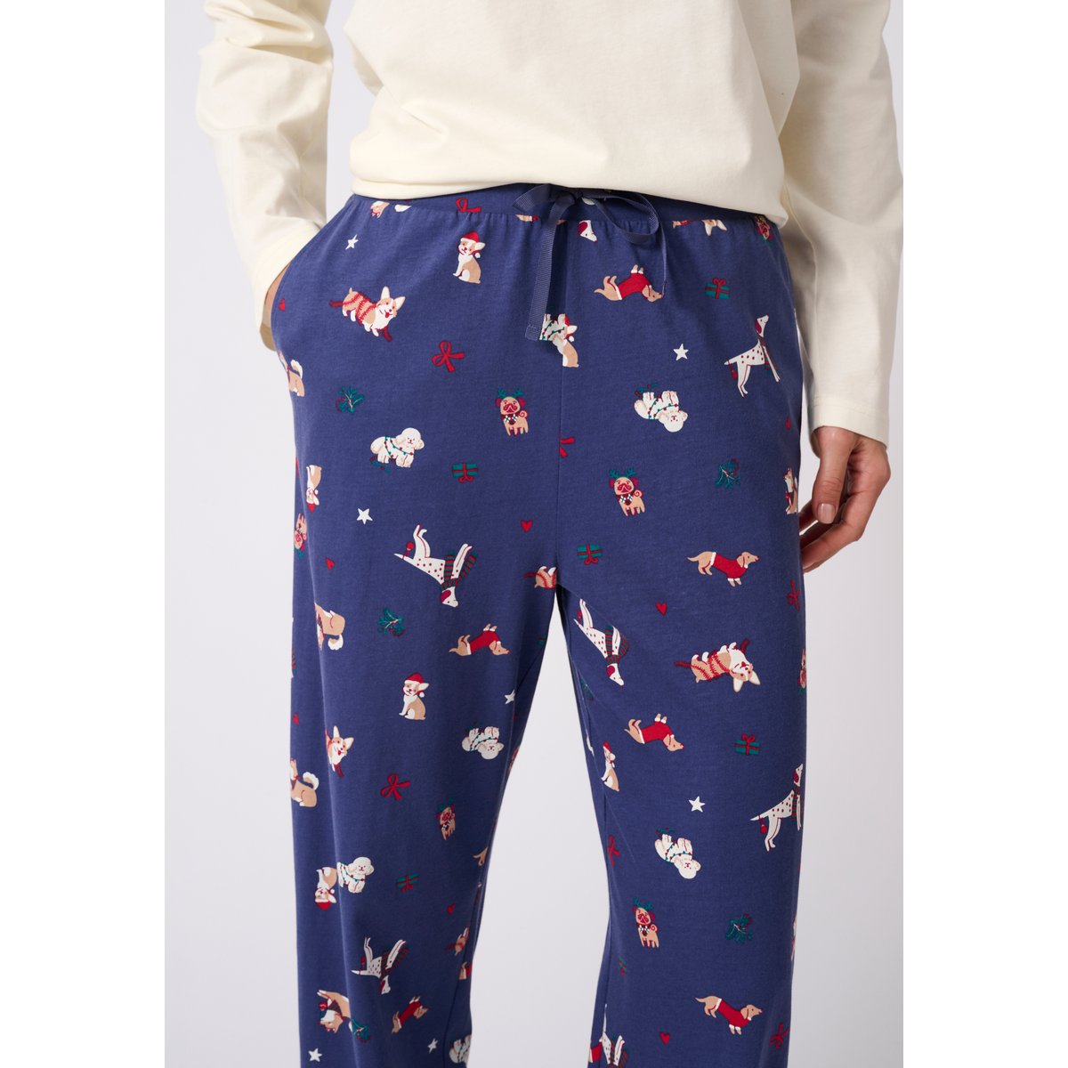 Pyjama de Noël en maille jersey pur coton peigné bleu marine imp., DAMART