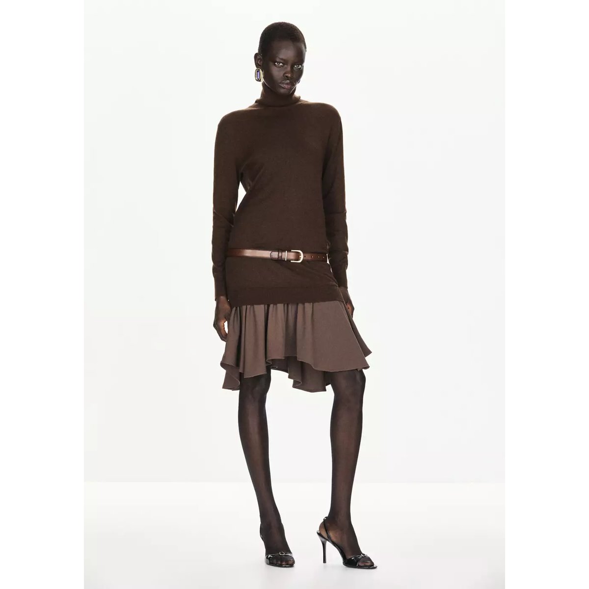 Robe en maille combinée chocolat, MANGO