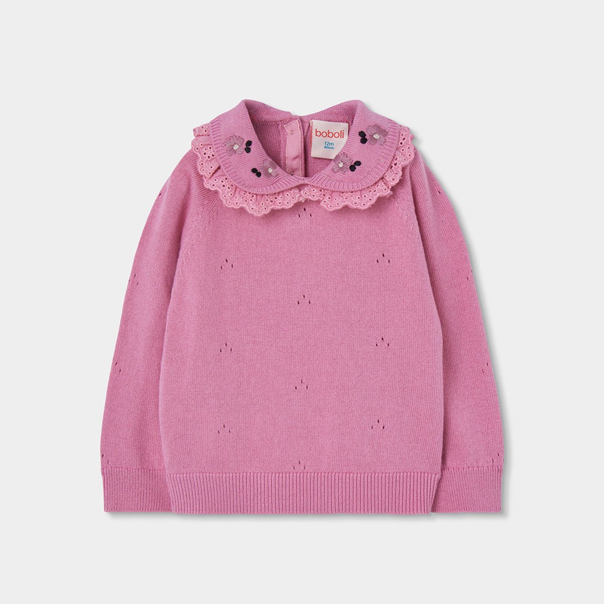 Pull fille avec col brodé de fleurs rose, BOBOLI