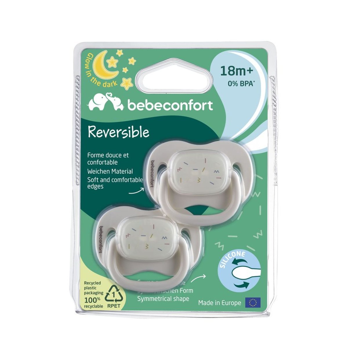 Lot de 2 sucettes réversible phosphorescente silicone 18-36 mois Sand couleur unique, BEBECONFORT