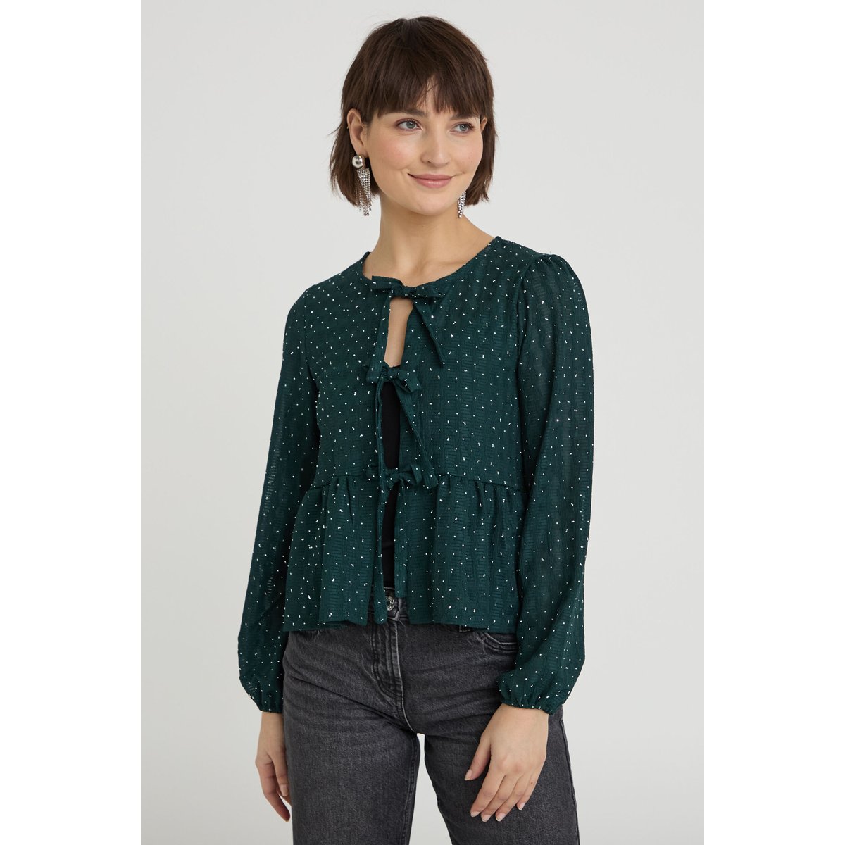 Blouse nouée strass vert foncé, CACHE CACHE
