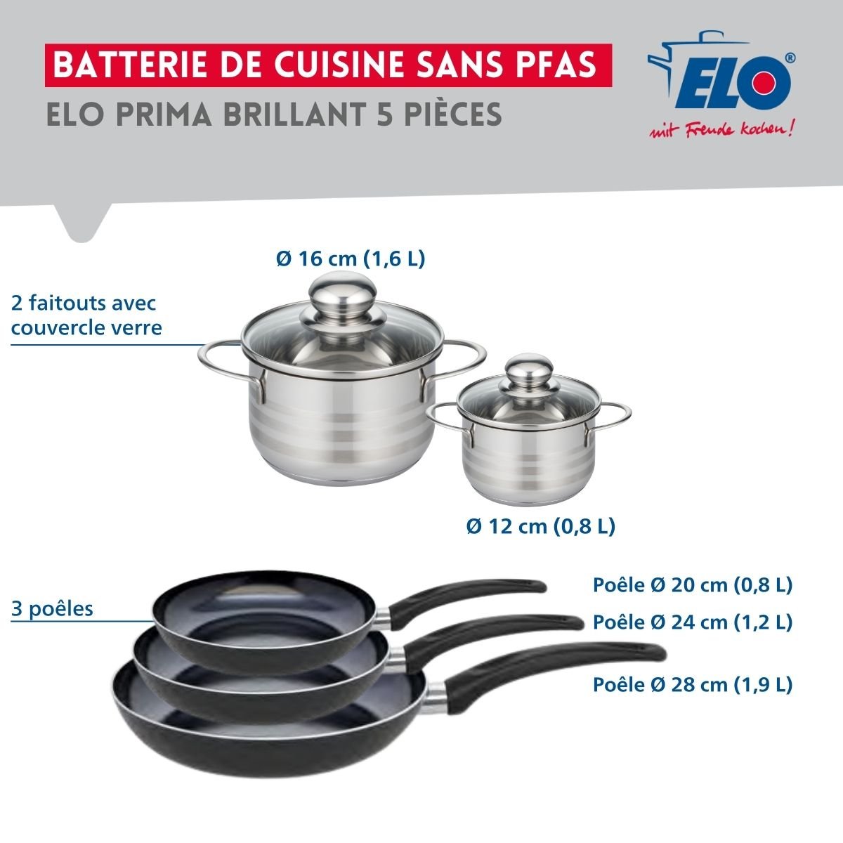 Batterie 3 poêles 20/24/28cm + 2 faitouts 12/16cm PRIMA BRILLANT noir, ELO