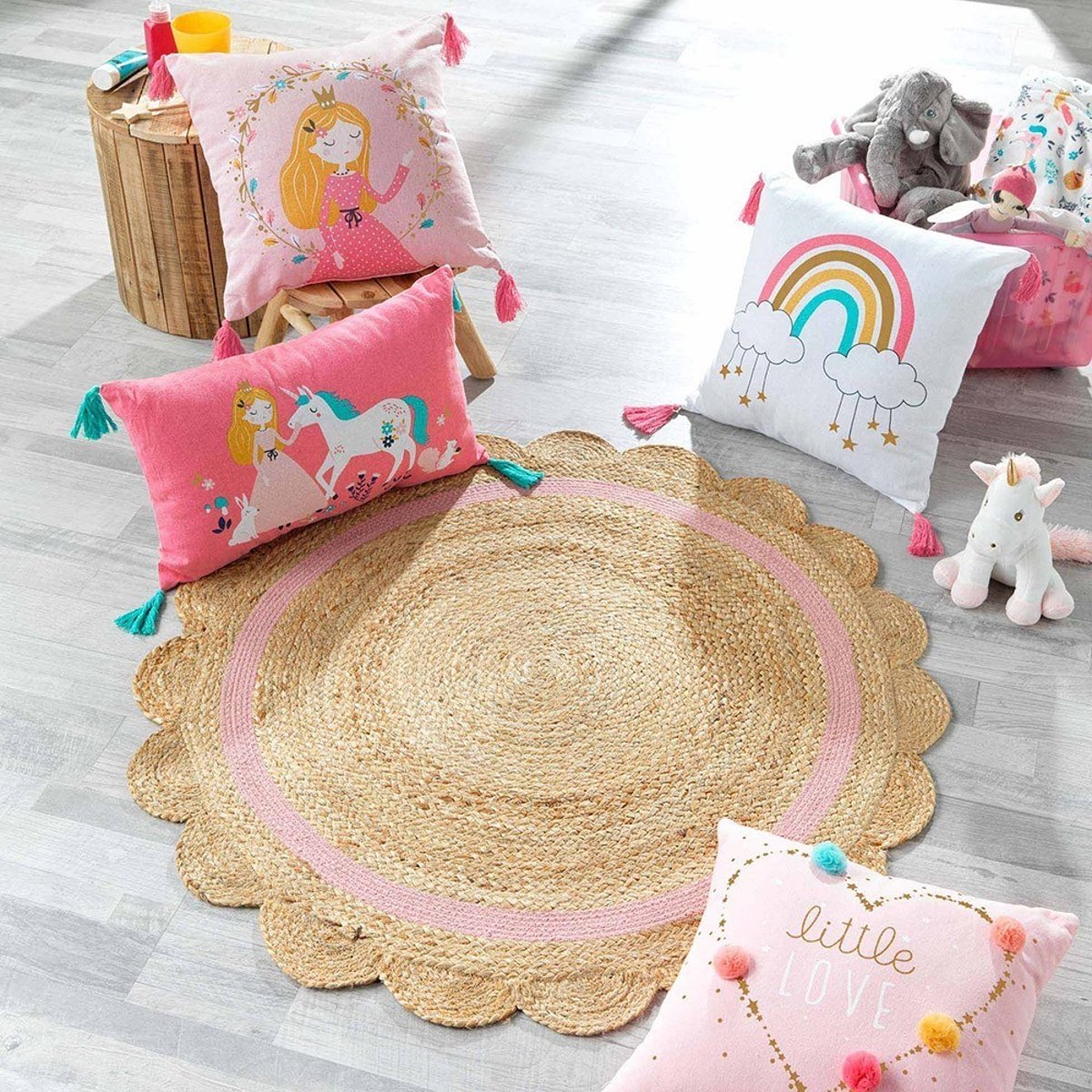 Tapis rond pompons 90  jute polycoton Rosaly rose, DECORATIE
