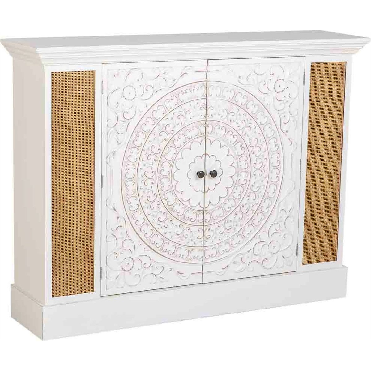 Buffet en bois patiné rectangulaire avec portes sculptées blanc patiné et cannage naturel, RECOLLECTION
