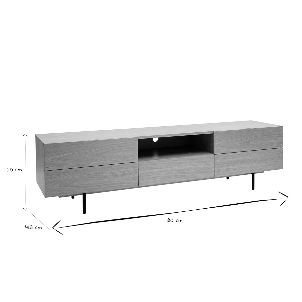 Meuble TV design avec rangements finition bois clair chêne et métal noir L180 cm ALASKA chêne clair, MILIBOO