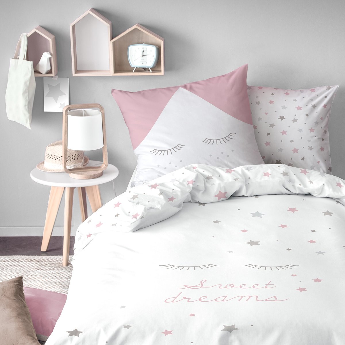 Parure de lit imprimée 100% coton, SWEET DREAMS PINK blanc, rose, MATT ET ROSE
