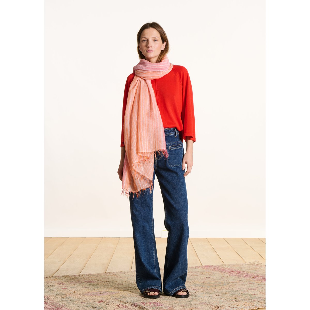 Foulard en coton à rayures fil textile orange, LA FEE MARABOUTEE