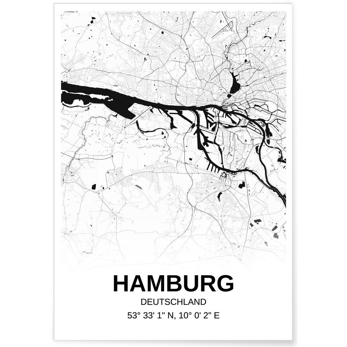 Affiche carte Hamburg - rectangle Noir et Blanc blanc, L'AFFICHERIE