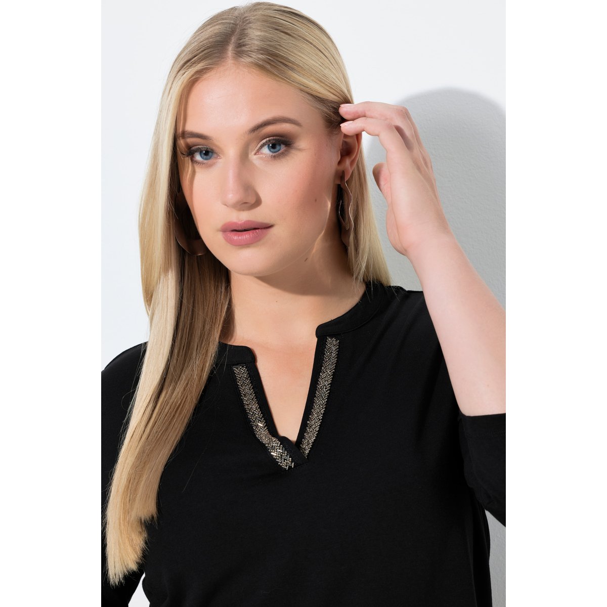 T-shirt long, col tunisien et manches 3/4 noir, ULLA POPKEN