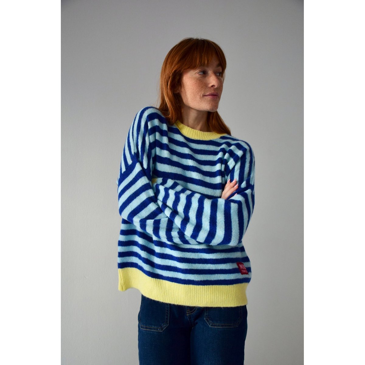 Pull rayé bords contrastés PIA bleu / jaune, MINDTRAVELER