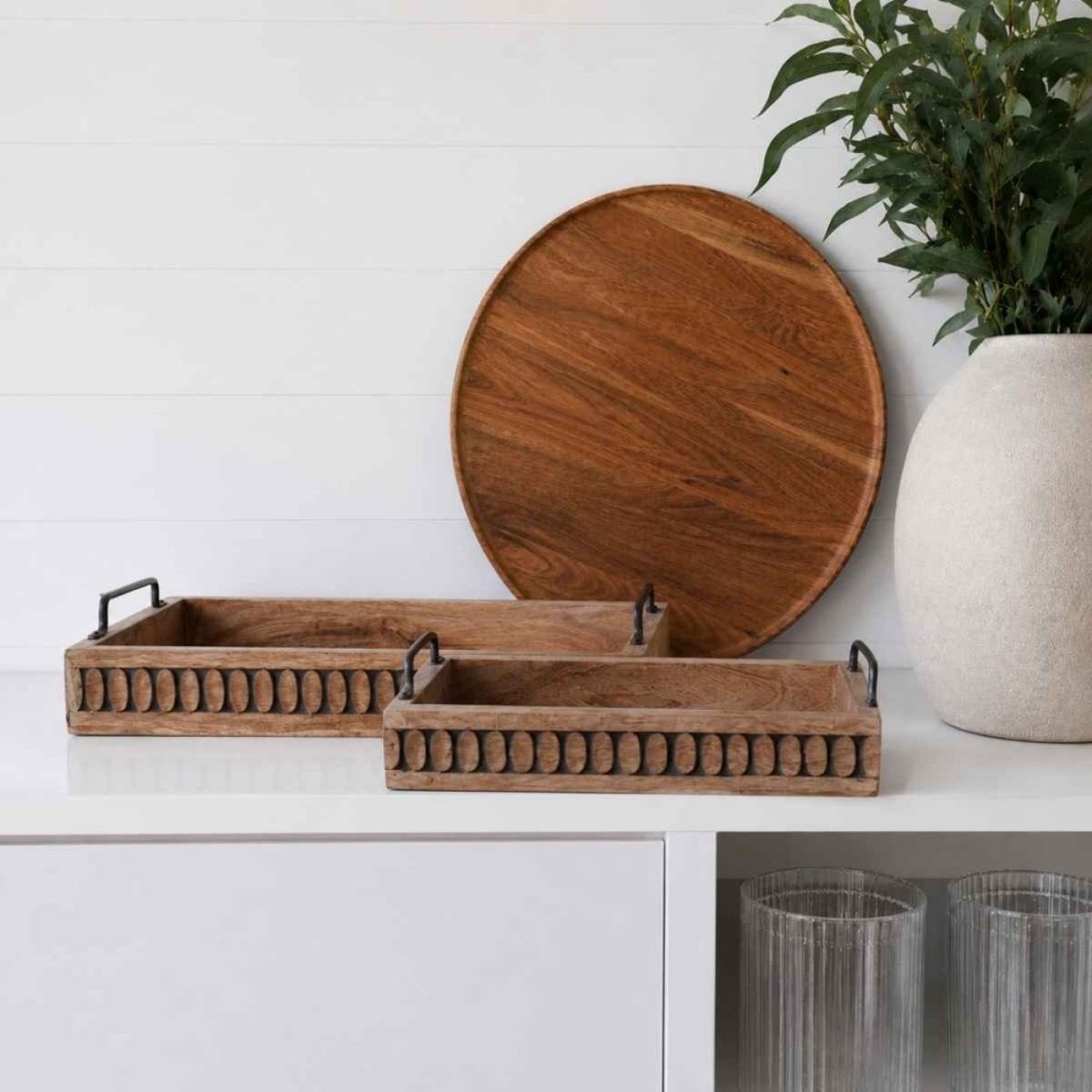 Set de 2 plateaux en bois avec poignées naturel, ORNAMI