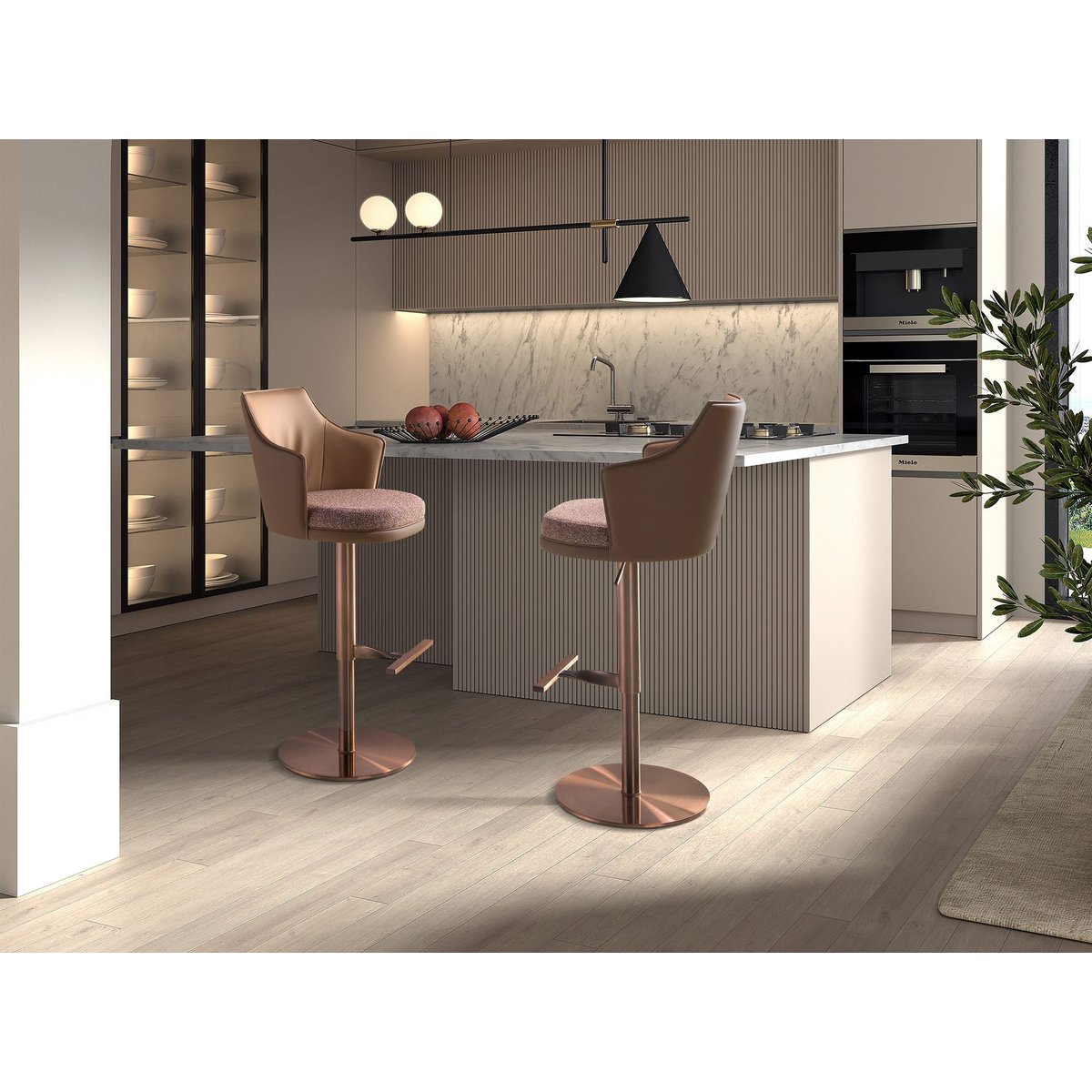 Tabouret pivotant en tissu marbré et similicuir marron | rose, ANGEL CERDA