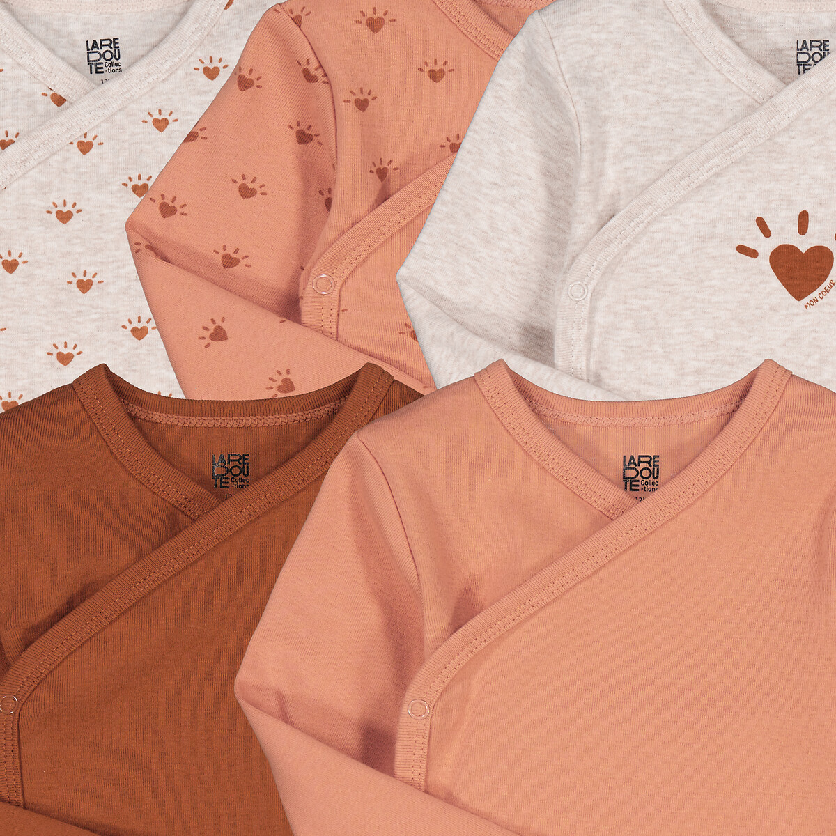 Lot de 5 bodies croisés manches longues, en coton, imprimés coeur assortis, LA REDOUTE COLLECTIONS