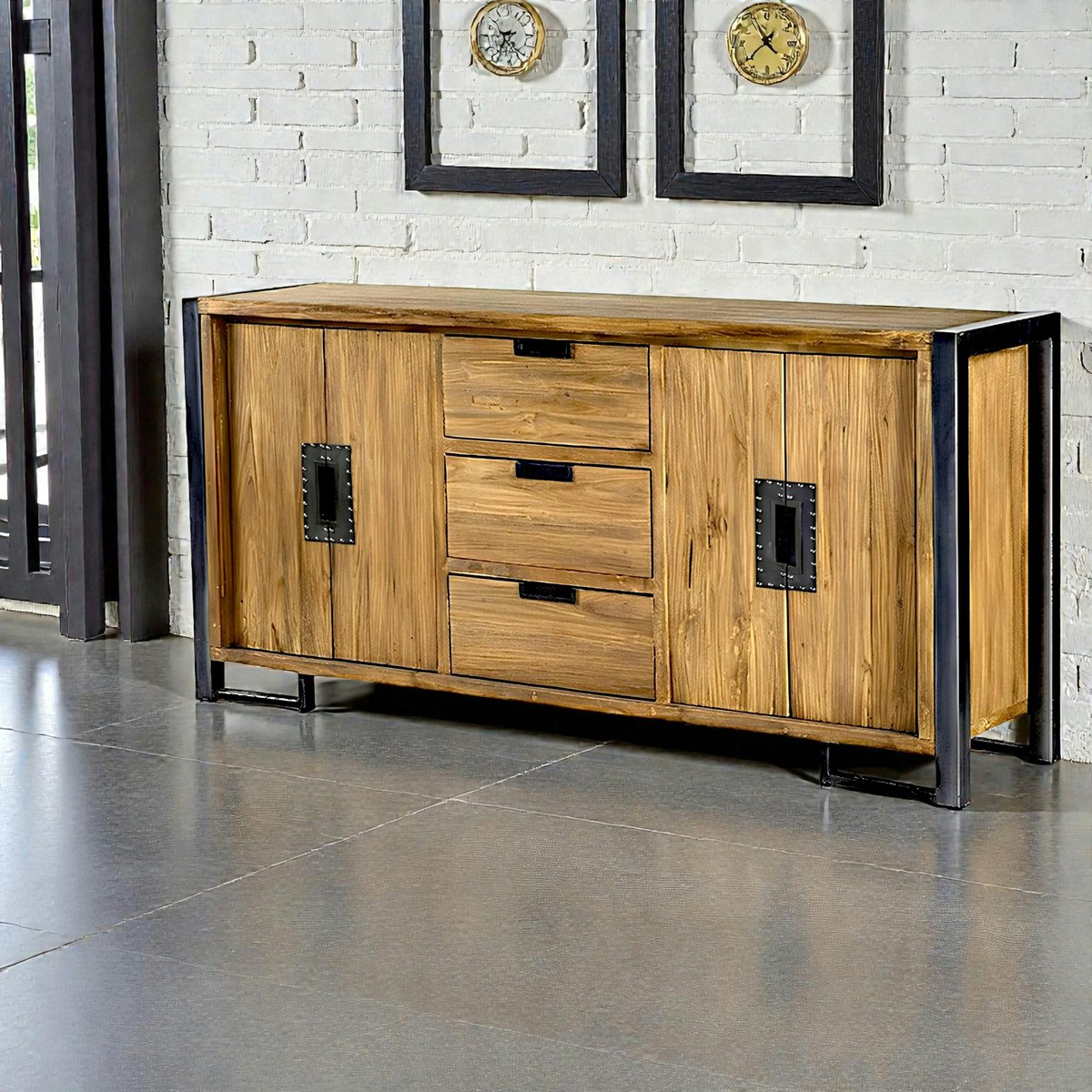 Buffet enfilade bois teck et métal 4 portes 3 tiroirs 186cm CANADA bois naturel, PIER IMPORT