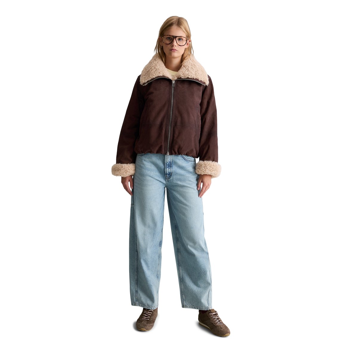 Veste en cuir à col en peluche, coupe classique en cuir de chèvre velours souple marron, MARC O’POLO DENIM
