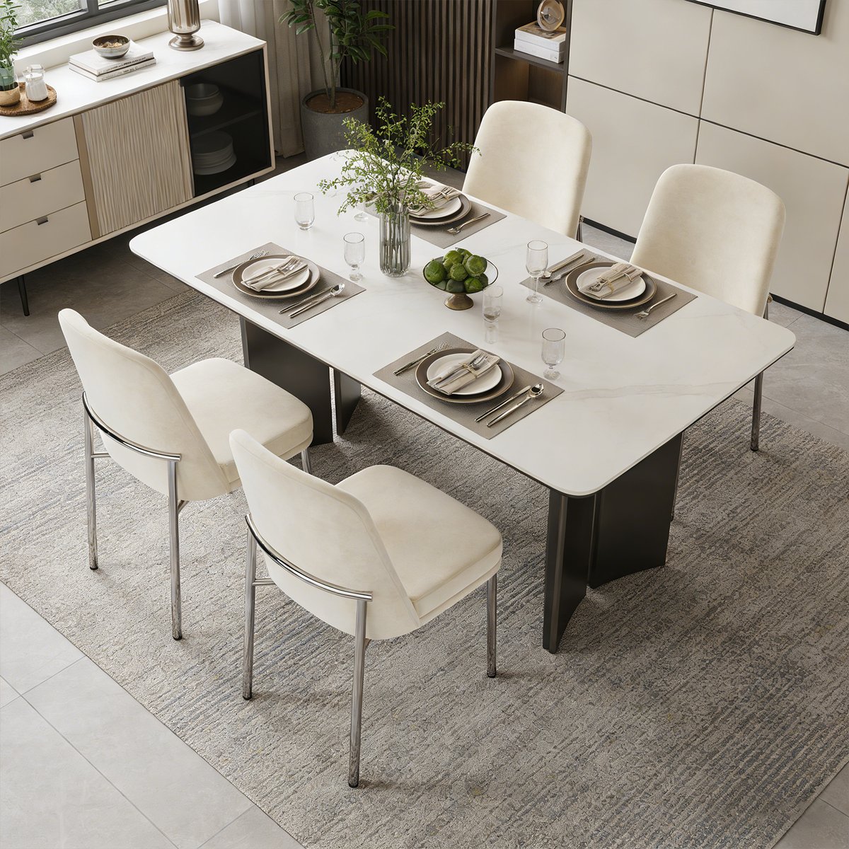Lot de 4 chaises de salle à manger en velours avec pieds métal, DUORAUC beige, MEUBLES COSY