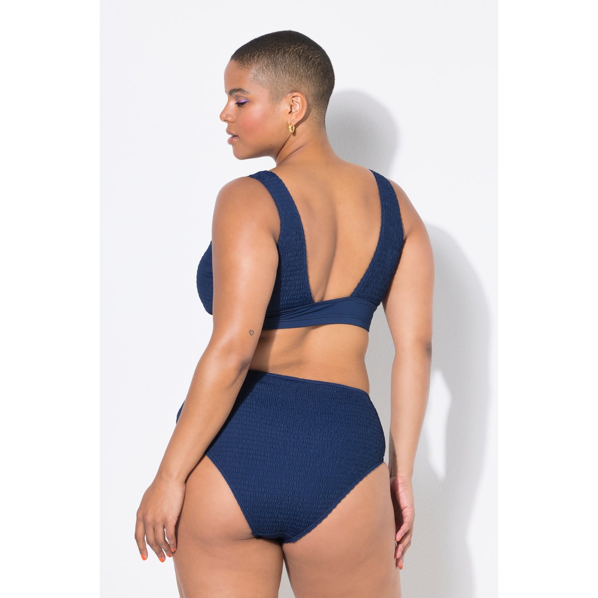 Bas de bikini taille haute, texture raffinée bleu foncé, STUDIO UNTOLD