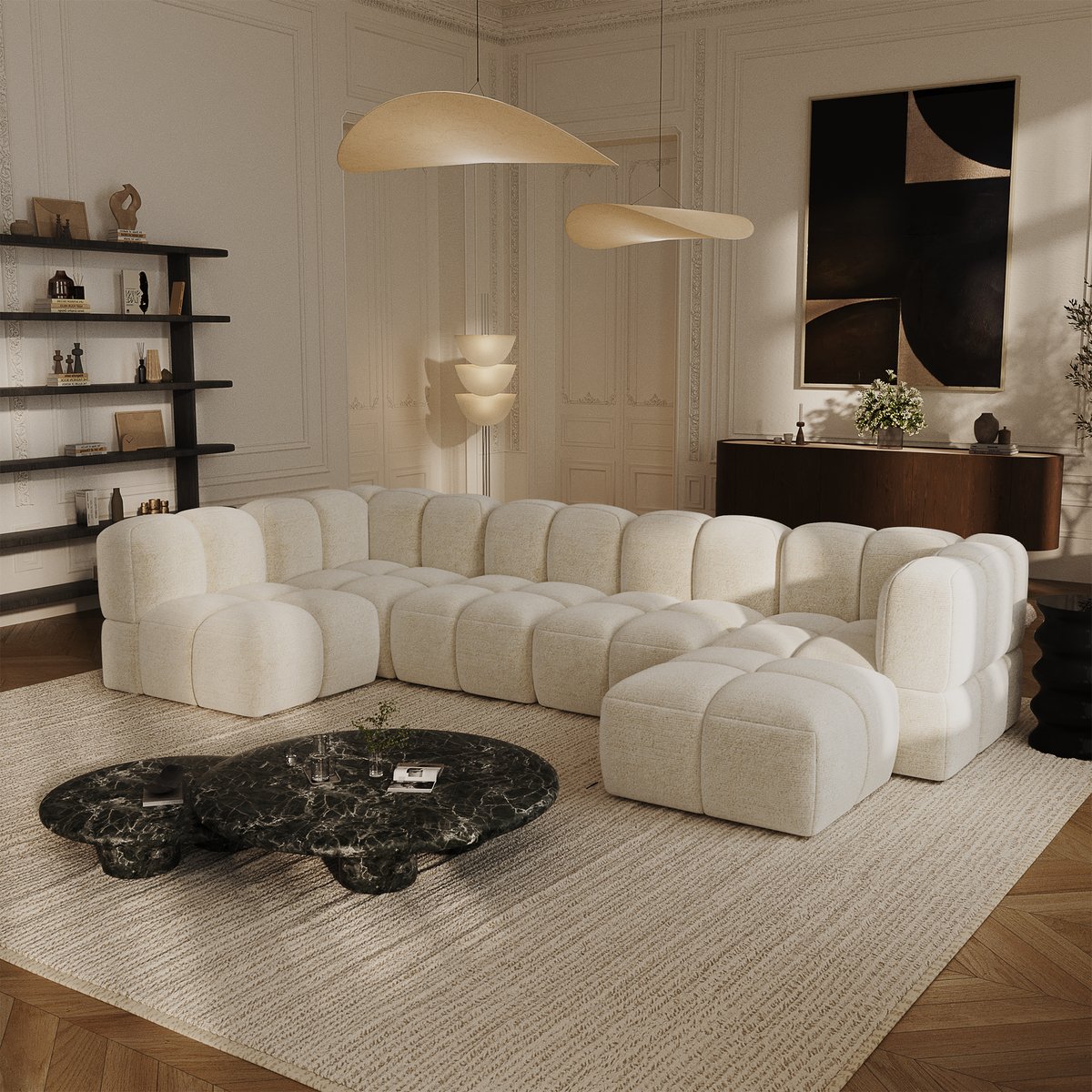 Canapé grand angle modulable 8 places en velours texturé NUBI crème, SIA HOME