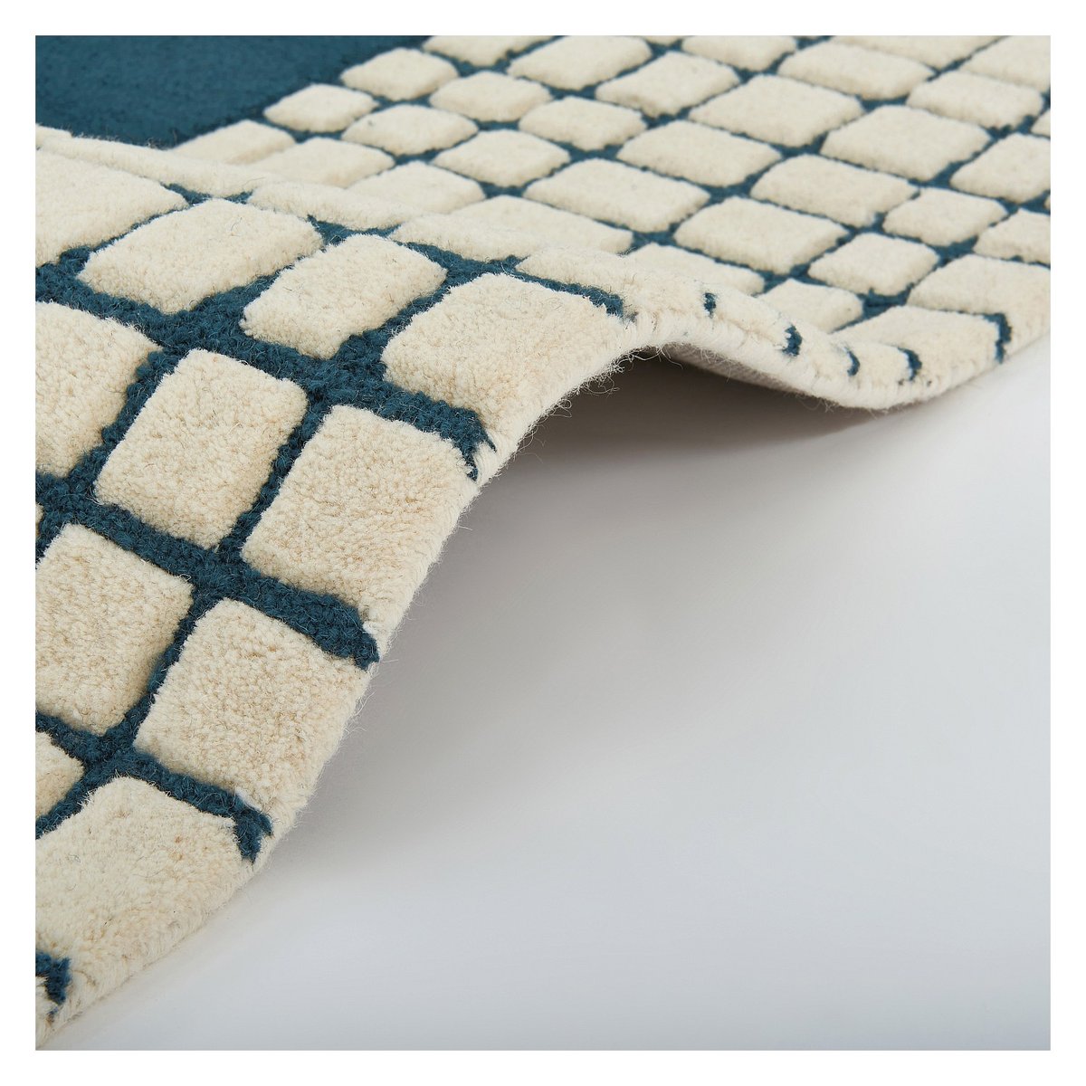 Tapis de salon laine GLORIA bleu canard, beige, HABITAT