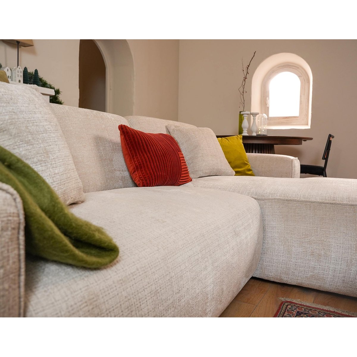 Canapé d'angle droit en velours texturé, LISON beige, BEST MOBILIER