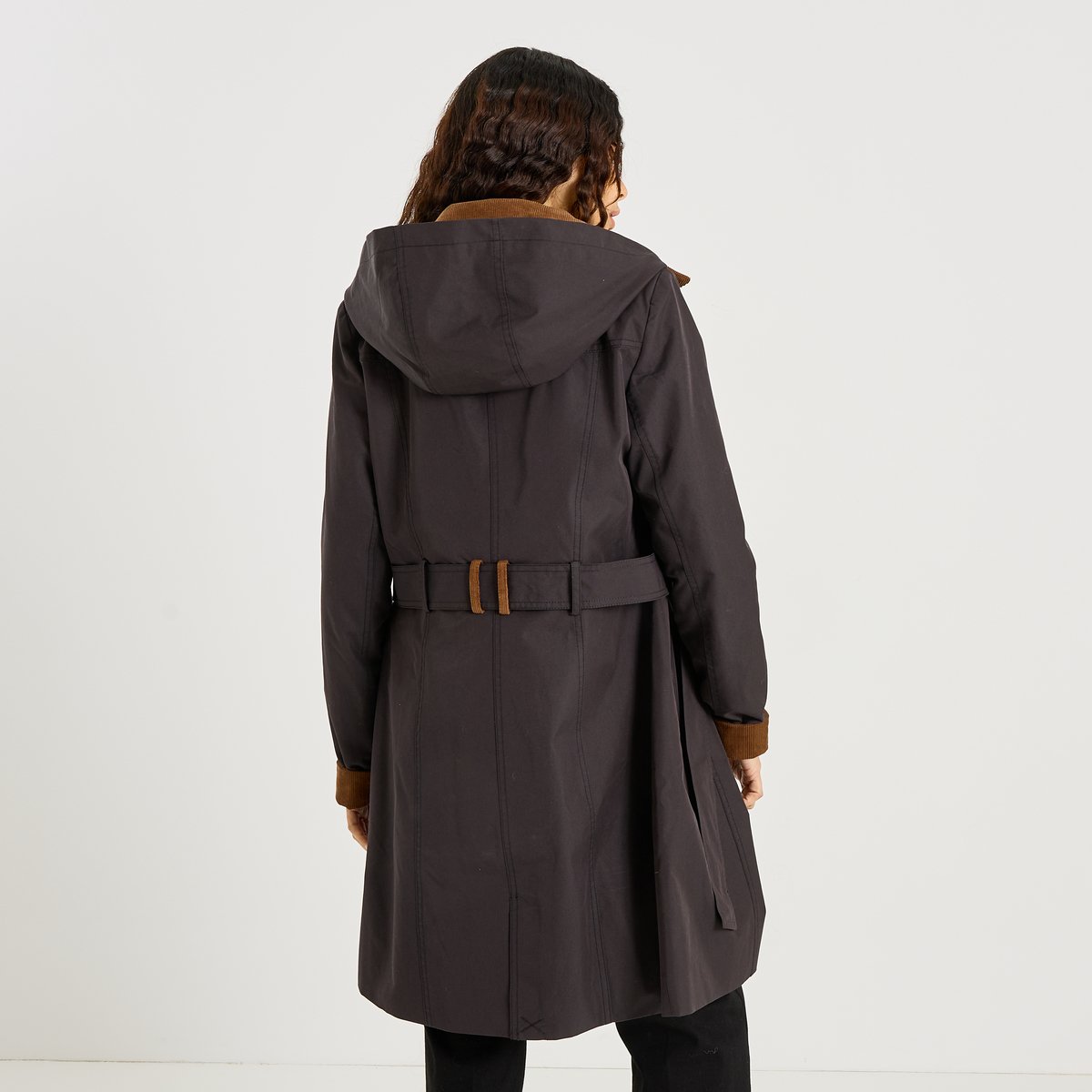Trench long à capuche amovible noir, GRAIN DE MALICE