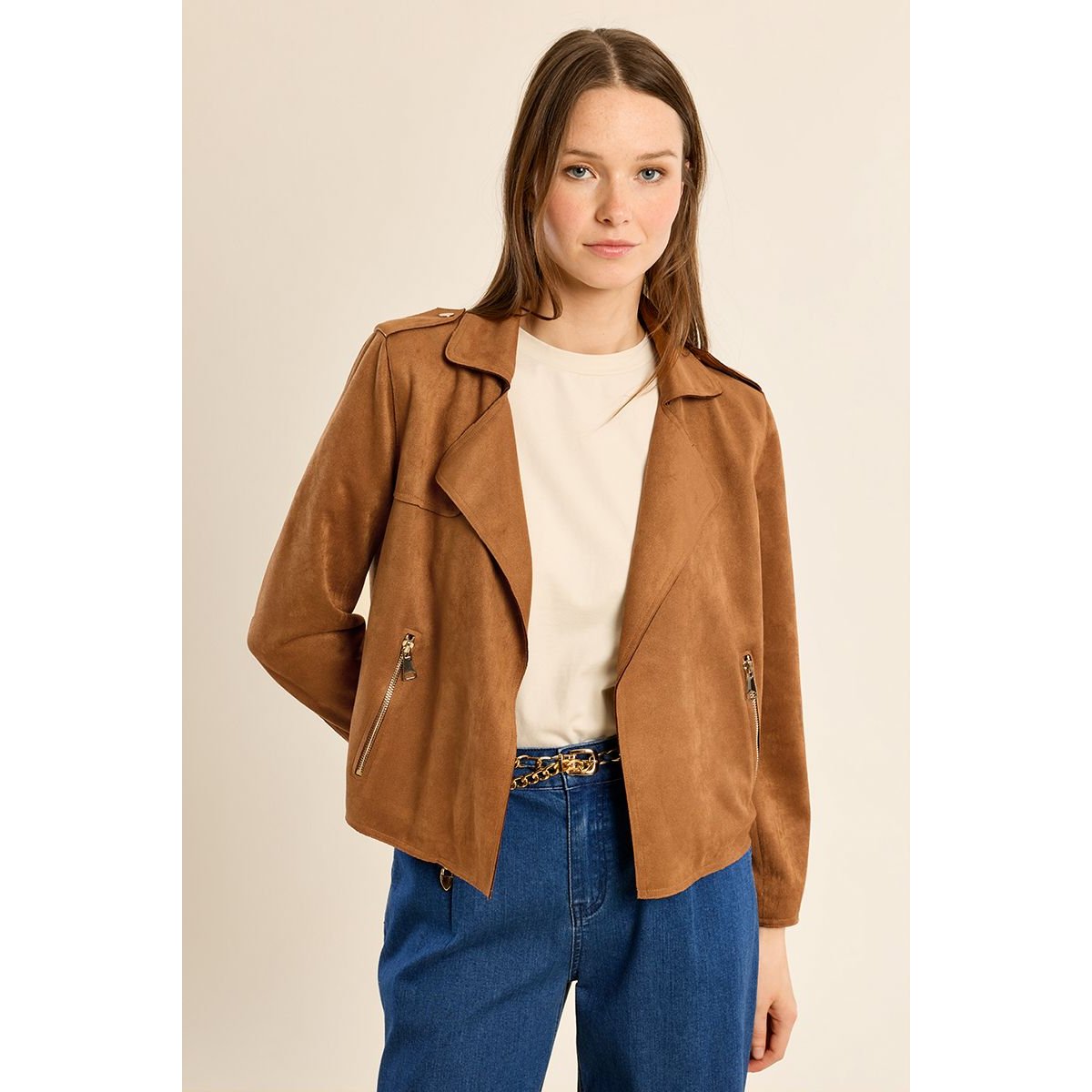 Veste perfecto en suédine camel, MOLLY BRACKEN
