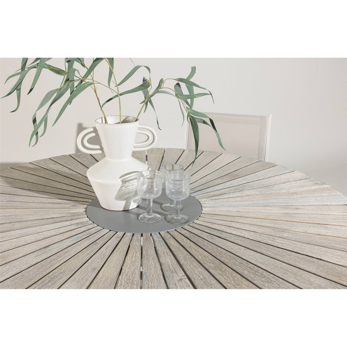 Table de jardin ronde bois collection RIVES bois blanchi et gris béton, RECOLLECTION